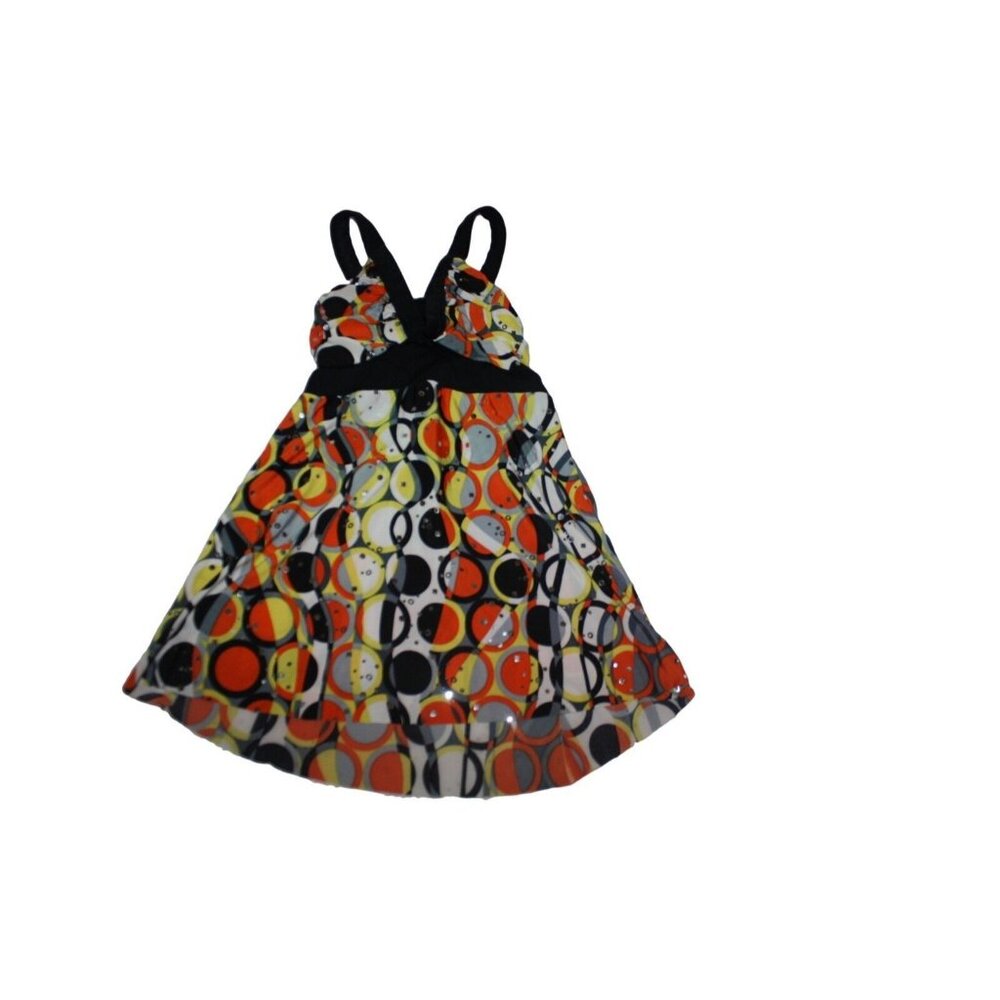 Girl Balera Dance Top Black Silver Orange Geometric Circles Sparkle Size MC